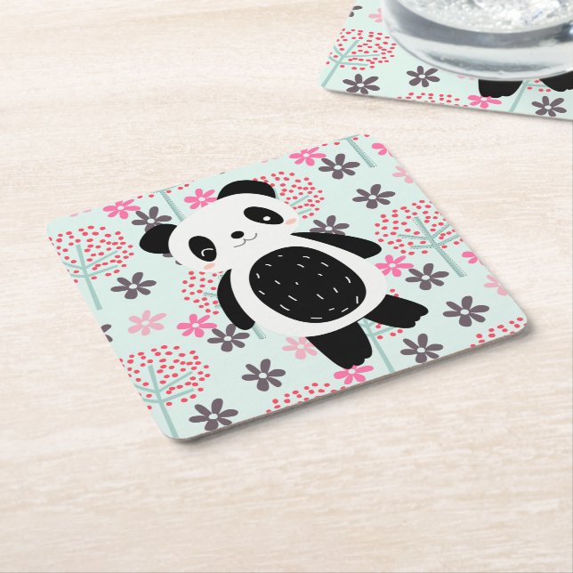 Trees, Flowers, and Panda Bears Square Paper Coaster (Angled)