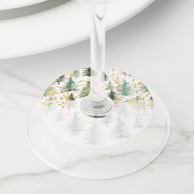 Trees Gold Glitter Wine Glass Tags (Close Up)