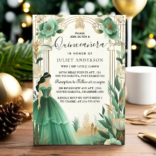 Trees Gold Mint Glam Emerald Green Quinceanera Invitation