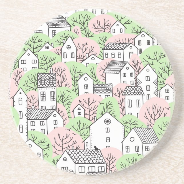 Trees, houses, spring city landscape coaster (Front)
