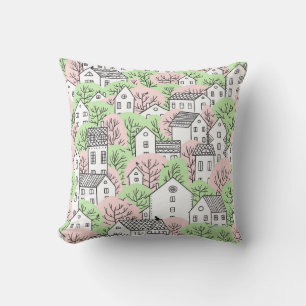 Trees, houses, spring city landscape cushion
