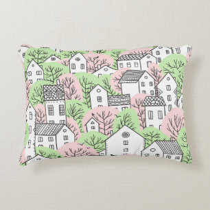 Trees, houses, spring city landscape decorative cushion