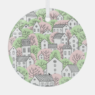 Trees, houses, spring city landscape glass tree decoration