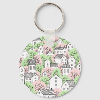 Trees, houses, spring city landscape key ring
