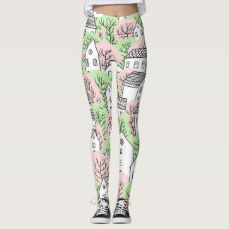 Trees, houses, spring city landscape leggings