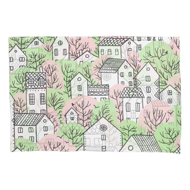 Trees, houses, spring city landscape pillowcase (Front)