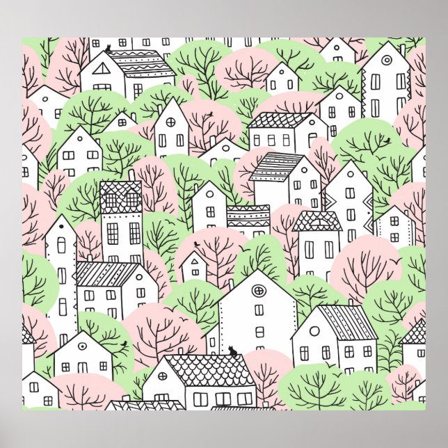 Trees, houses, spring city landscape poster (Front)