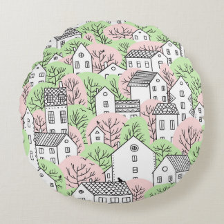 Trees, houses, spring city landscape round cushion