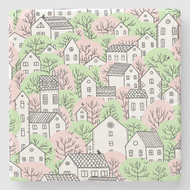 Trees, houses, spring city landscape stone coaster (Front)