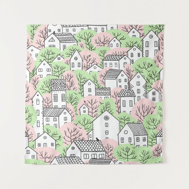 Trees, houses, spring city landscape tapestry (Front)