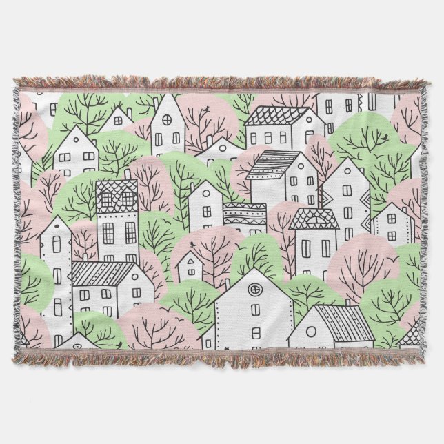 Trees, houses, spring city landscape throw blanket (Front)