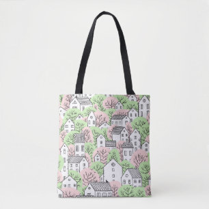 Trees, houses, spring city landscape tote bag