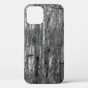 Trees in a forest in black and white. beauty in na iPhone 12 case