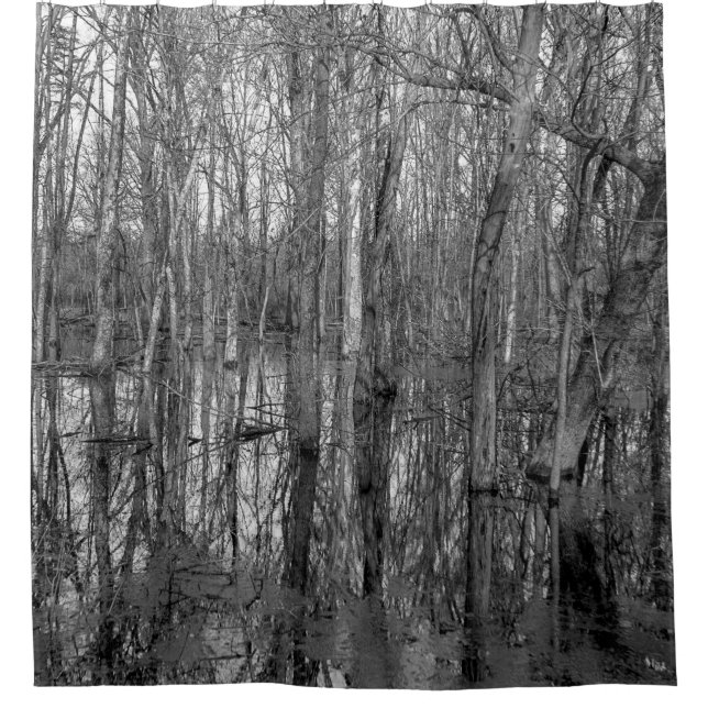 Trees in a forest in black and white. beauty in na shower curtain (Front)