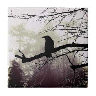 Trees in Fog with a Raven ceramic Tile
