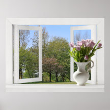 Trees in Springtime - Open Window View with Tulips