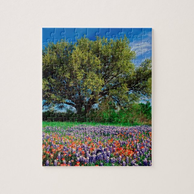 Trees Live Oak Among Texas Bluebonnets Jigsaw Puzzle (Vertical)