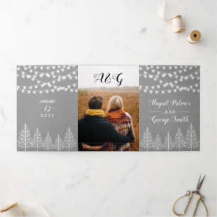 Trees on grey kraft paper rustic winter wedding Tri-Fold invitation