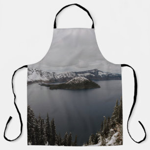 TREES ON SNOW COVERED MOUNTAIN NEAR BODY OF WATER APRON