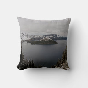 TREES ON SNOW COVERED MOUNTAIN NEAR BODY OF WATER CUSHION