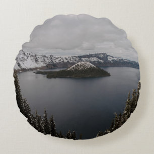TREES ON SNOW COVERED MOUNTAIN NEAR BODY OF WATER ROUND CUSHION