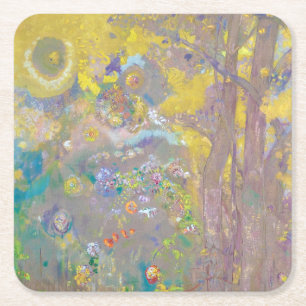 Trees on Yellow Background, Redon Square Paper Coaster