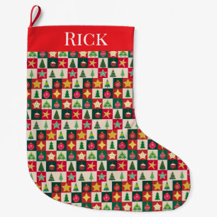 Trees Ornaments and Stars Collage Large Christmas Stocking