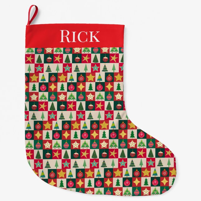 Trees Ornaments and Stars Collage Large Christmas Stocking (Front)