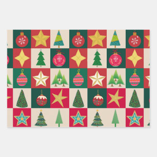 Trees Ornaments and Stars Squares Wrapping Paper Sheet