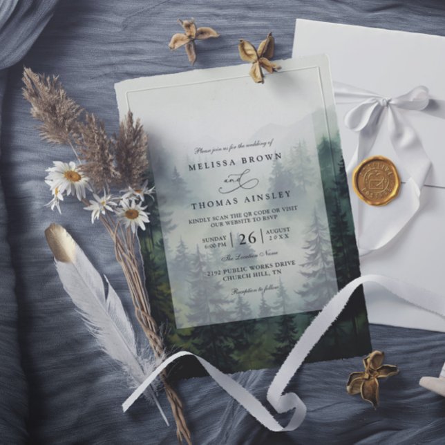 Trees Pine Rustic Forest Elegant QR Code Wedding Invitation (Creator Uploaded)