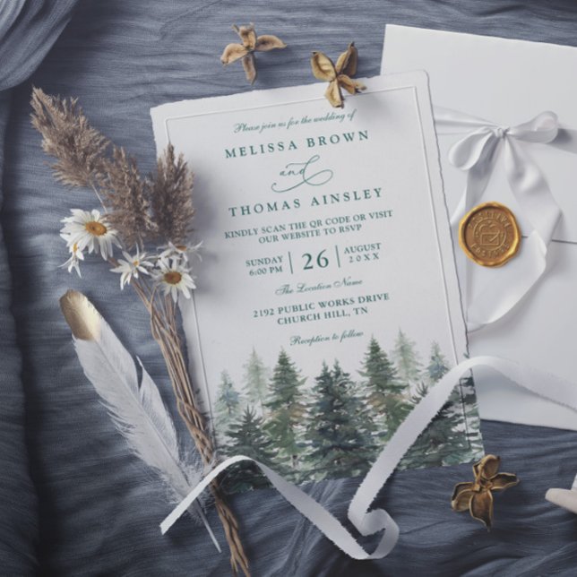 Trees Pine Rustic Forest Elegant QR Code Wedding Invitation (Creator Uploaded)