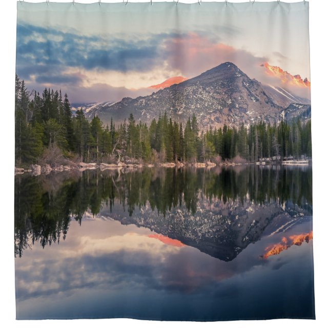 TREES REFLECTING ON CALM LAKE SHOWER CURTAIN (Front)