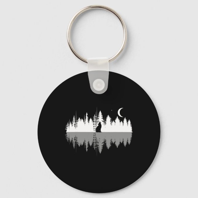 Trees Reflection Wolf Howling At Full Moon Forest  Key Ring (Front)