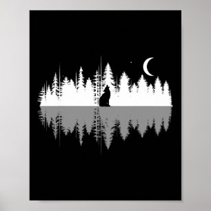 Trees Reflection Wolf Howling At Full Moon Forest Poster