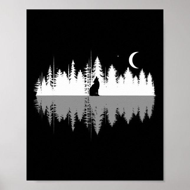 Trees Reflection Wolf Howling At Full Moon Forest  Poster (Front)