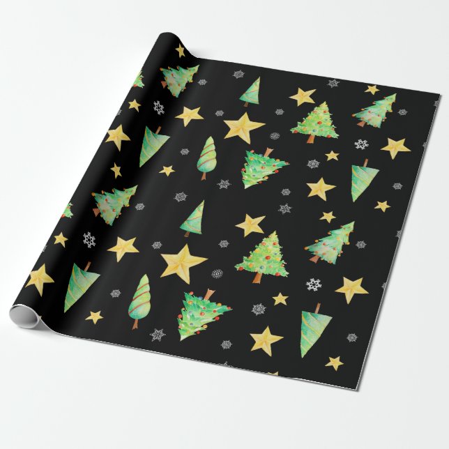 Trees Stars and Snowflakes on Black  Gift Wrapping Paper (Unrolled)