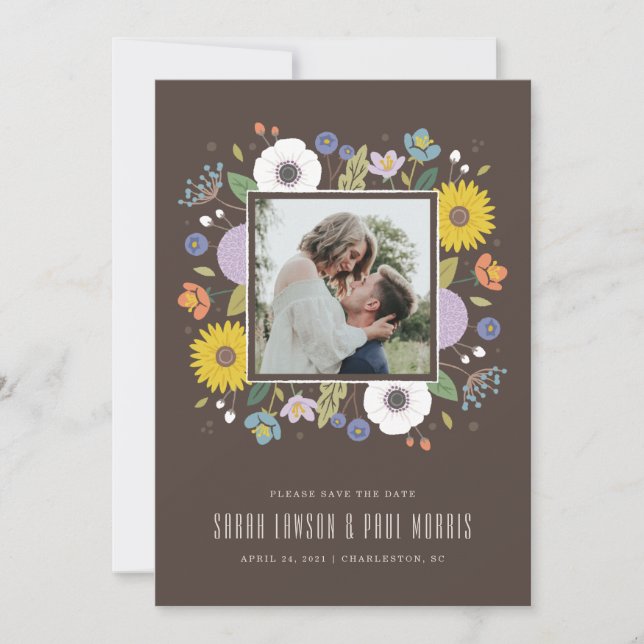 Trellis Flower Frame Save the Date - Brown (Front)