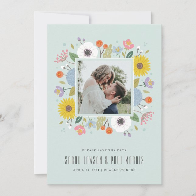 Trellis Flower Frame Save the Date - Mint Green (Front)