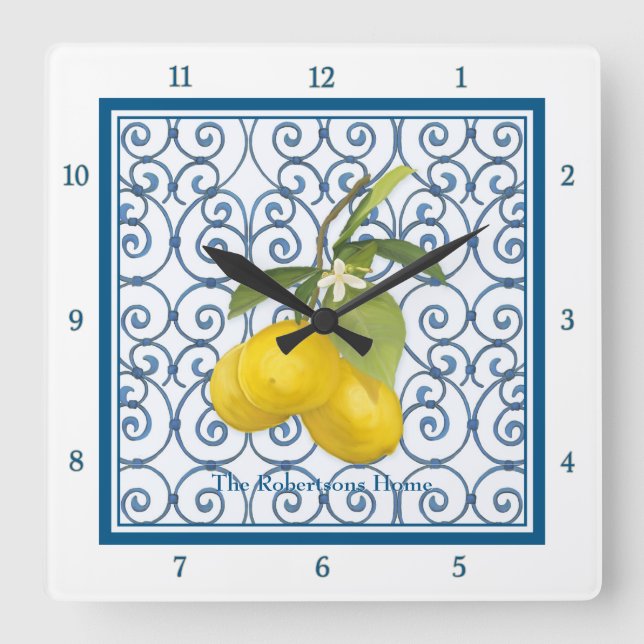 Trellis Scroll Lemon Branch Personalized Blue Square Wall Clock (Front)