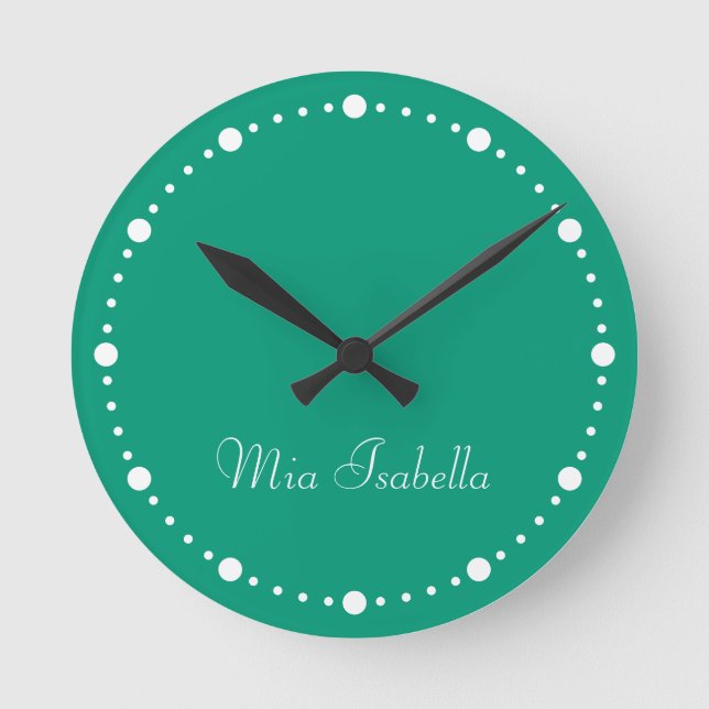 Trend Colour Jade Green White Dots Name Round Cloc Clock (Front)
