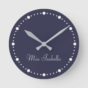 Trend Colour Navy Blue White Dots Name Round Cloc Round Clock