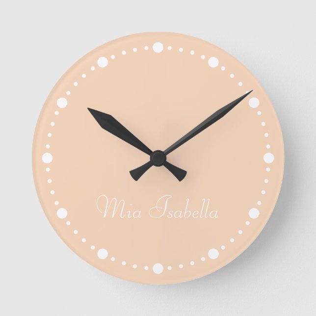 Trend Colour Peach Blush White Dot Name Round Cloc Clock (Front)