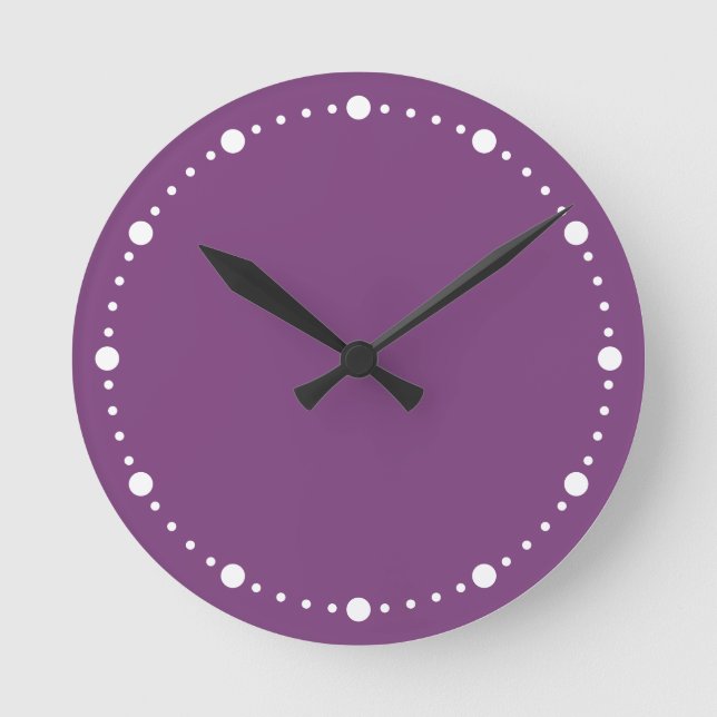 Trend Colour - Plum Purple White Dots Round Clock (Front)