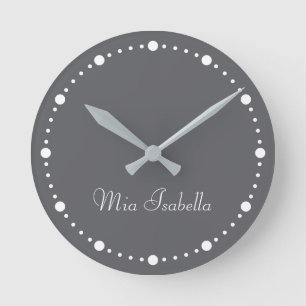 Trend Colour Slate Grey White Dots Name Round Cloc Clock
