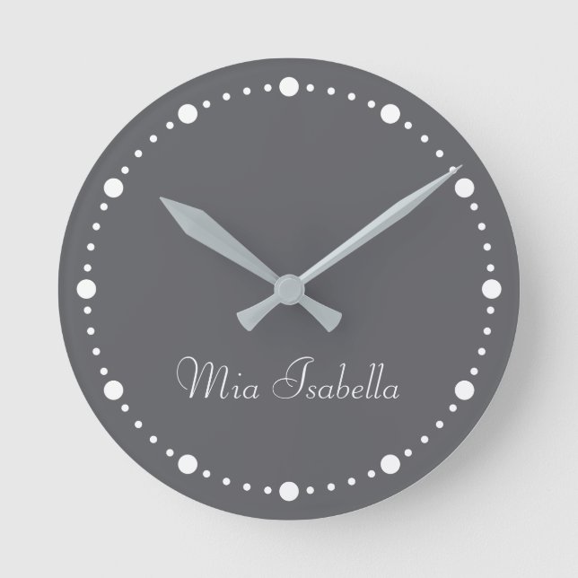 Trend Colour Slate Grey White Dots Name Round Cloc Clock (Front)