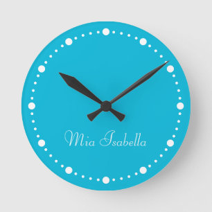 Trend Colour Vivid Cyan White Dots Name Round Cloc Clock