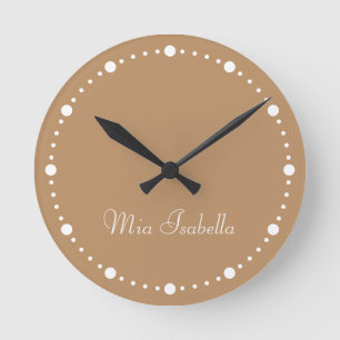 Trend Colour Warm Beige White Dots Name Round Cloc Clock