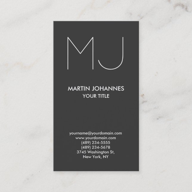 Trend Monogram Vertical Elegant Grey Business Card (Front)
