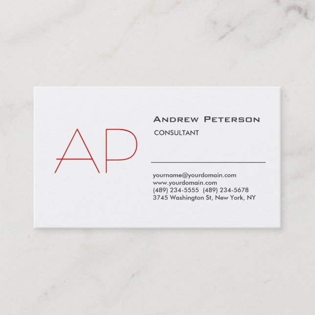 Trend Plain Black White Red Monogram Business Card (Front)