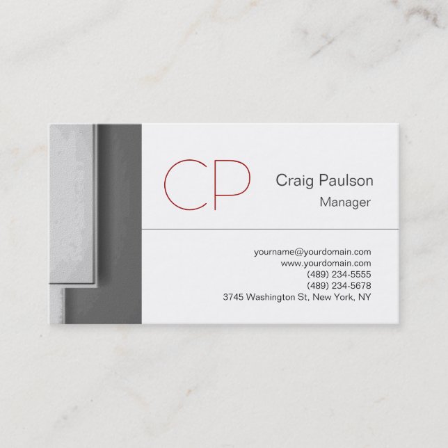 Trend Red Grey Stripe White Monogram Business Card (Front)